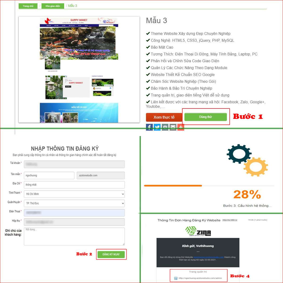 Các bước đăng kí dùng thử website tại 365zina