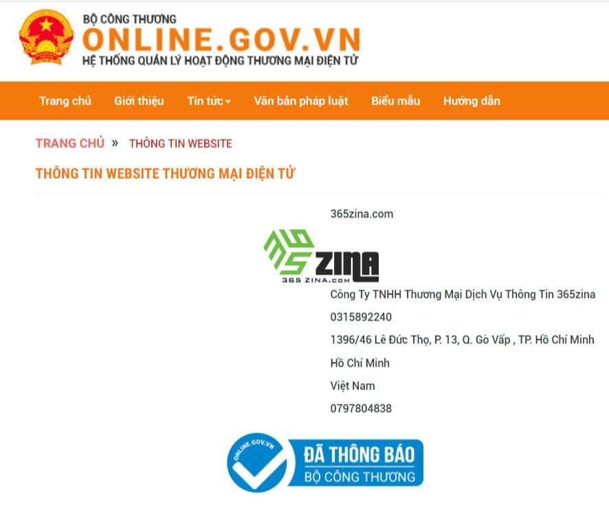 Dịch vụ thông báo website với bộ công thương 365zina