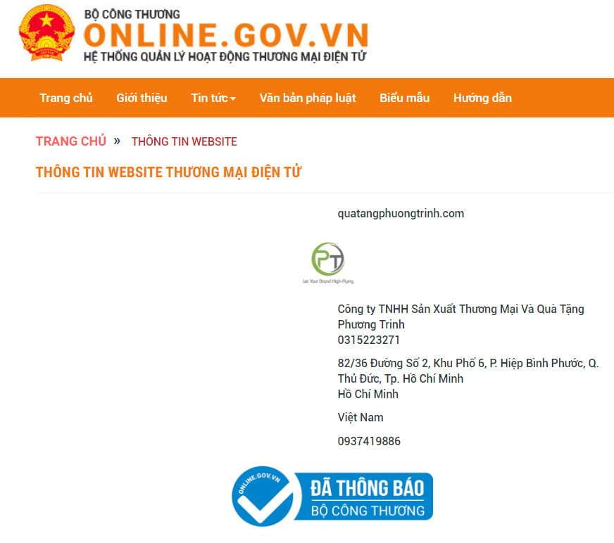 Dịch vụ thông báo website với bộ công thương 365zina